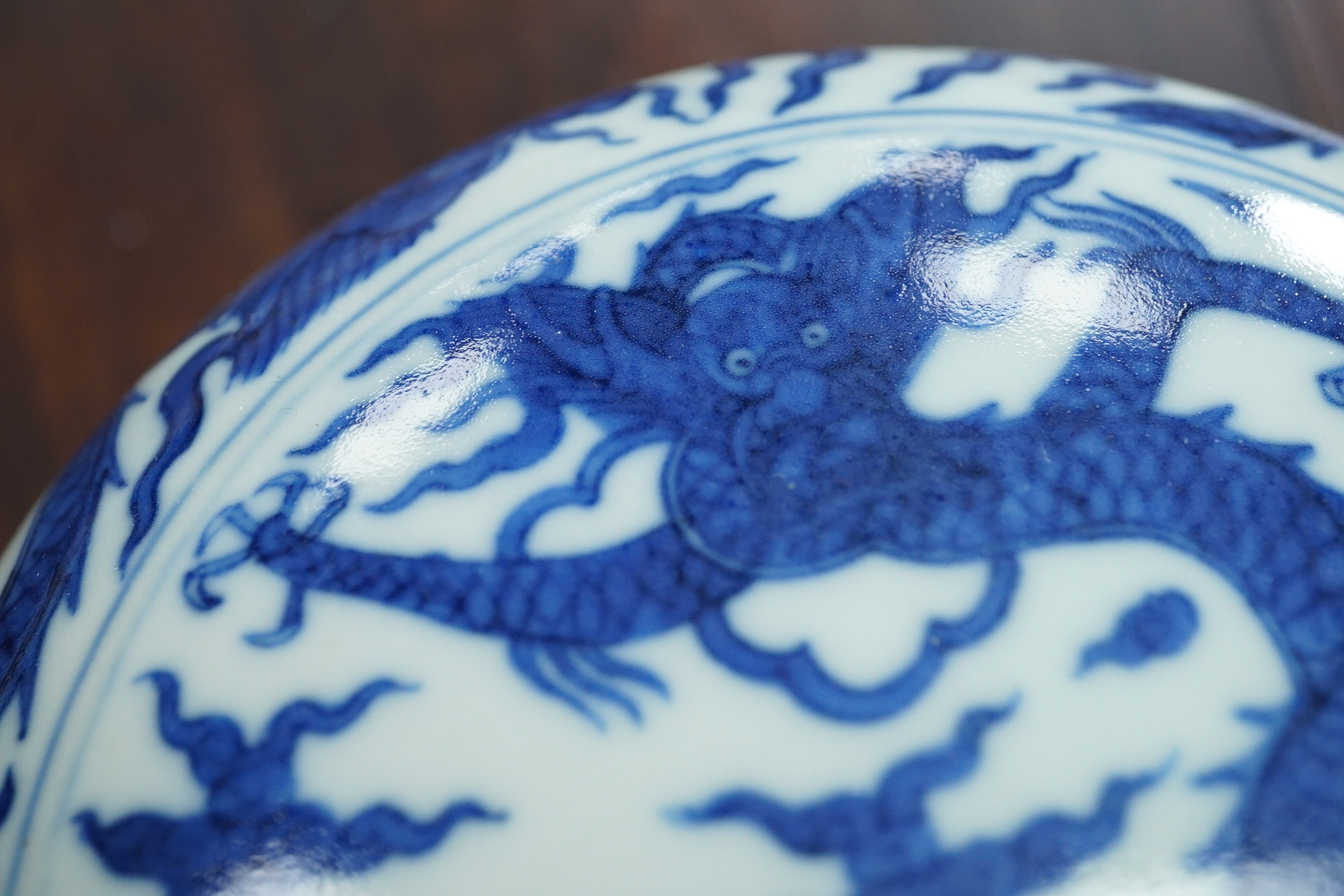 A Chinese blue and white ‘dragon’ box and cover, Jiajing six character mark, 19th century
